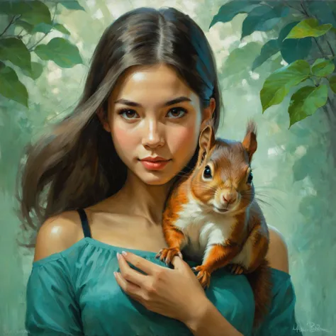 by Dave Gibbons and Hikari Shimoda in the style of Charlie Bowater, cute 18 year old woman and her pet squirrel, oil painting <l...