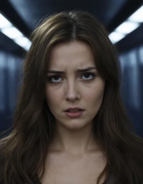 a woman with long brown hair and a black top in a dark room