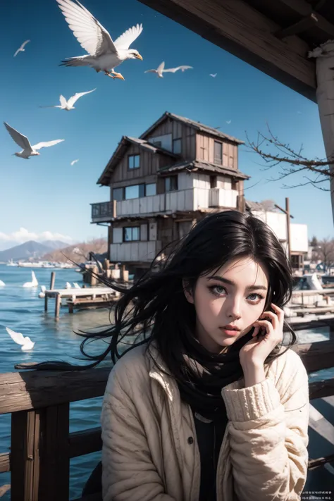 arafed woman with long black hair and a white jacket on a pier