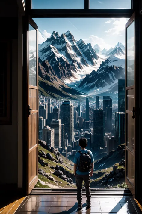 a man standing in front of a door looking out at a city