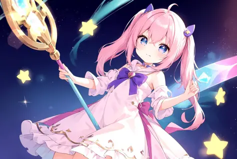 (masterpiece, best quality), cute girl, (kawaii:1.1), little girl, twin tails, pink hair, magical girl, fluffy dress, sparkling ...