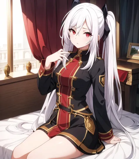 masterpiece, best quality, 1 girl, <lora:alexiamidgar_amv1:0.4>, white hair, long hair, red eyes, sitting on the bed,