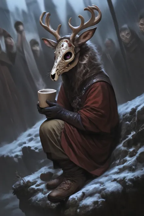 arafed deer with a horned head and a cup of coffee