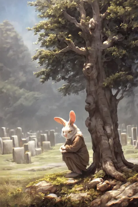 painting of a rabbit sitting under a tree in a cemetery