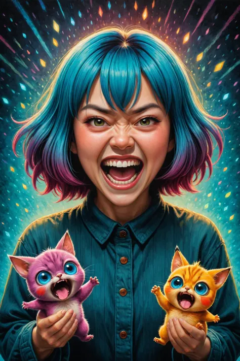 8k photorealistic cinematic digital oil pastel on canvasby (((Andy Kehoe) and Hikari Shimoda) and Ilya Kuvshinov) and Ayumi Tanaka, cute angry woman holding up two minature people, maniacal laughter 