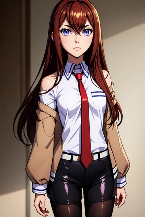 obra de arte, melhor qualidade, de pé, Makise Kurisu, olhos roxos, cabelo castanho, cabelo longo, entre os olhos, mangas compridas, camisa branca, roupas abertas, gravata, brilhante, camisa de colarinho, cinto, fora do ombro, brilhante hair, meia-calça preta, short curto, Calções pretos, red gravata, jaqueta marrom,, depressivo