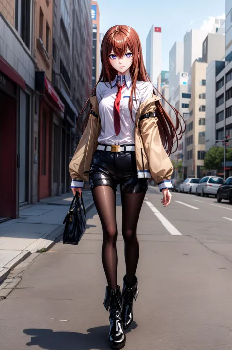 (masterpiece, best quality), <lora:makise kurisu-lora-Faxtron:0.8> makise kurisu, purple eyes, brown hair, long hair, between eyes, long sleeves, white shirt, open clothes, necktie, shiny, collared shirt, belt, off shoulder, shiny hair, black pantyhose, short shorts, black shorts, red necktie, brown jacket, ankle boots,
<lora:add_detail:0.8>,