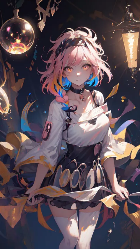 anime girl with pink hair and blue eyes standing in front of a light