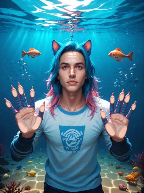 a woman with blue hair and pink hair is standing under water