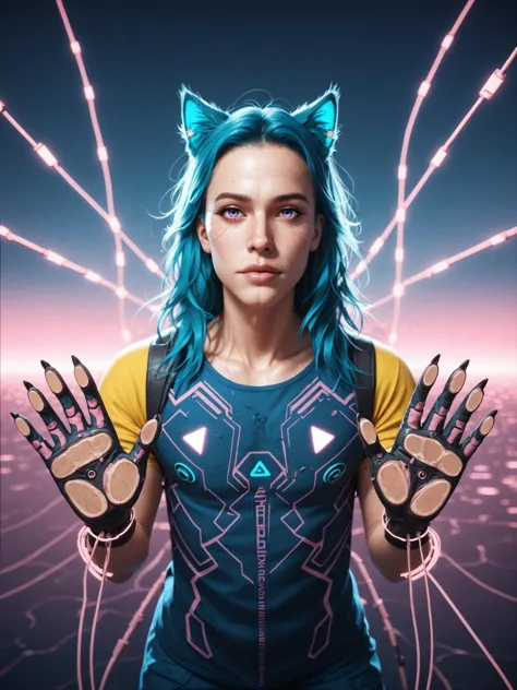 a woman with blue hair and cat ears holding her hands up