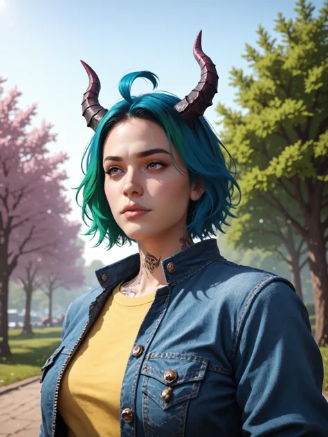 a woman with blue hair and horns on her head standing in a park