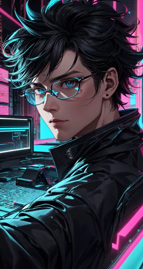 masterpiece,best quality,incredibly absurdres,detailed background, flat color,
1male,close up,glasses,messy hair,looking at viewer,perfect reflection,(<lora:RetrowaveTech:0.7>RetrowaveTech),neon lighting,screens,dramatic angle,<lora:_Detail Tweaker:0.8>,<lora:_LowRAv2:0.6>,