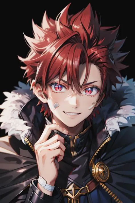 crown,1boy,male focus,smile,fire,solo,black background,red hair,fur trim,red eyes,cape,looking at viewer,bandaid,grin,bandaid on...