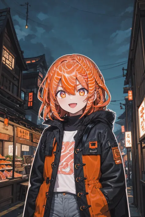 1girl,(orange hair:1.3),hair made out of salmon meat,sashimihair,hair_as_food,salmon meat hair,solo,yellow eyes,fire,looking at viewer,coat,black coat,bangs,open coat,long sleeves,short hair,hair between eyes,pants,glowing,v-shaped eyebrows,open clothes,upper body,glowing eyes,grey pants,:D,east asian architecture,,tree, architecture, festival, blurry background,<lora:sashimihair:1.2>,, (flat color, pastel style, black outlines:1.2), sketch