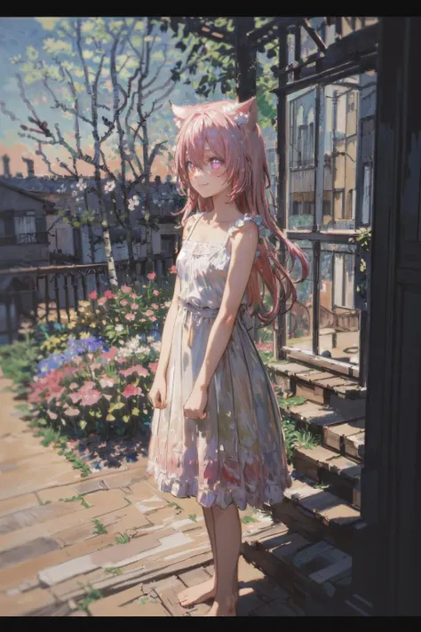 (rich gradient, extreme colors, extreme details, clear light perception, cinematic composition, pastel colors, (impressionist:1.4), (intricate detail:1.3), blurry foreground, concept art, letterboxed),
BREAK (1girl, solo:1.3, cute, pink hair, hair between eyes, sidelocks, long hair, cat ears, pink eyes, (arms at sides:1.2), sundress, white dress, collarbone, blush, smile),
(flower, garden, grass, stone step road, flowerpot, birch, fantasy, mountainous horizon)