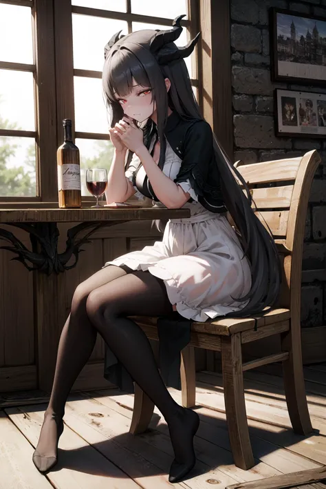 anime girl sitting on a bench with a bottle of wine