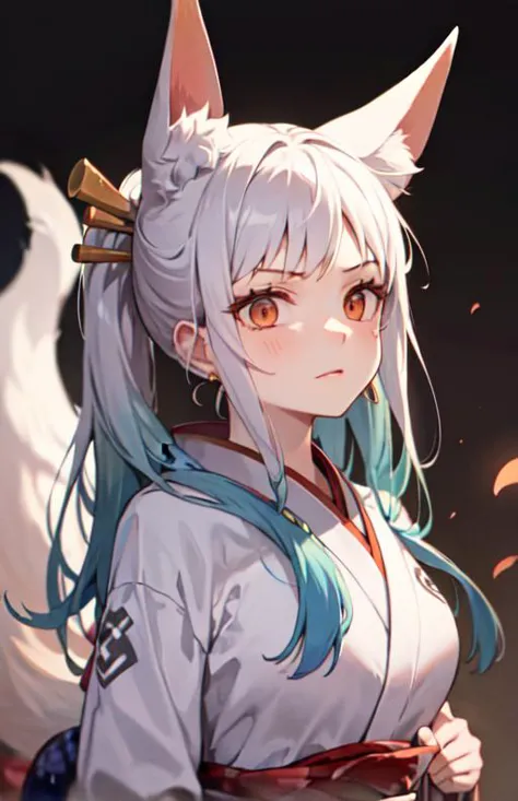 anime style, young lady, foxgirl, pretty face, detailed face, marks on the face,
fox ears, fox nose, triangular nose, fox tail:1.1, white fur,
white hair with blue details,
large breasts, white kimono:1.2, blue detailed kimono, long red skirt,
colorful, simple sliippers,
she is the guardian of a japanese temple,
best quality, ultra-detailed,
simple background,  <lora:yamatowanpi3_64dim-5e-5:1>