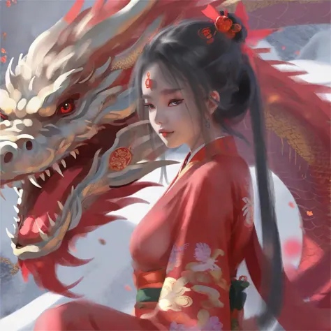 wgz style,portrait of a beautiful girl highly detailed,Lunar New Year, red clothes, a girl next to a small dragon