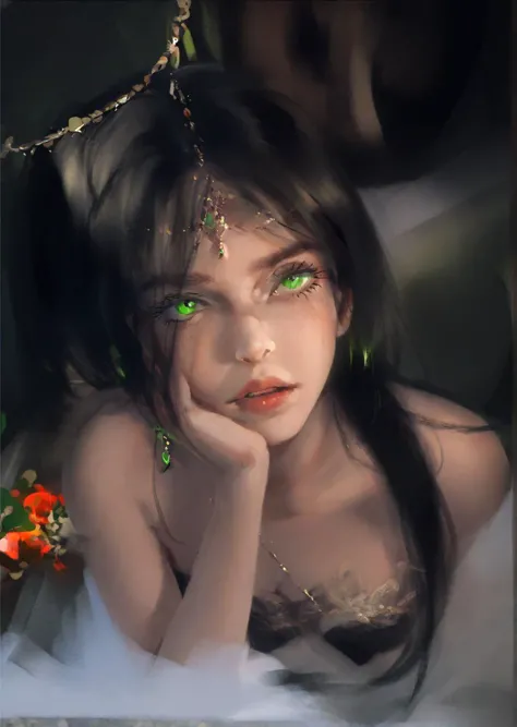 wwgz style,portrait of a beautiful women highly detailed,
 black_hair, green_eyes,  looking_at_viewer