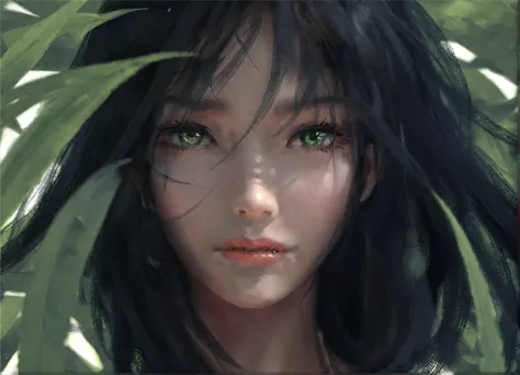 wgz style,portrait of a beautiful women highly detailed  green yees Super close-up focus,black hair