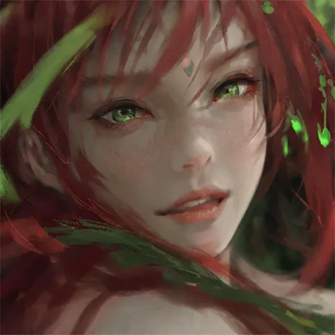 wgz style,portrait of a beautiful women highly detailed  green yees Super close-up focus,red hair