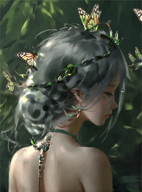 wgz style,portrait of a beautiful women highly ,green yees,back hair ,beauty,butterfly in hair