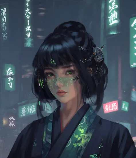 wgz style,portrait of a beautiful women highly detailed,Black hair, kimono ,suit,cyberpunk,Green eyes