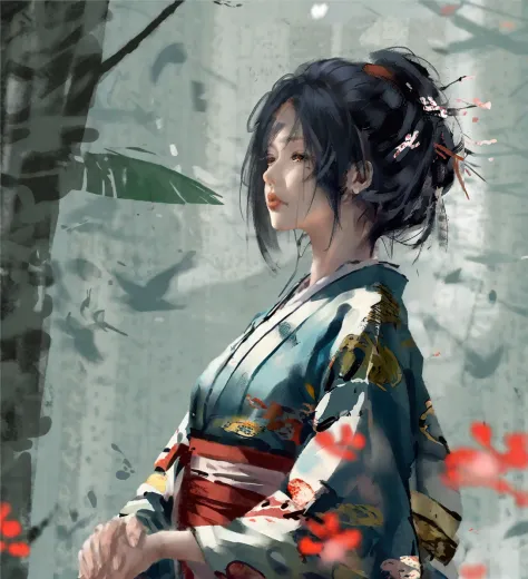 wgz style,portrait of a beautiful women highly detailed,Black hair, kimono, rainforest background,