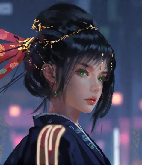 wgz style,portrait of a beautiful girl highly detailed,cyberpunk,Black hair, kimono ,suit,Green eyes