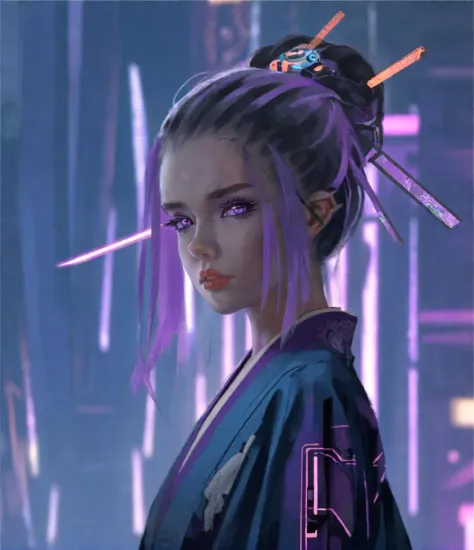 wgz style,portrait of a beautiful girl highly detailed,cyberpunk, Jedi ,Purple Eyes,kimono