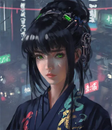 wgz style,portrait of a beautiful women highly detailed,cyberpunk,Black hair, kimono ,suit,Green eyes