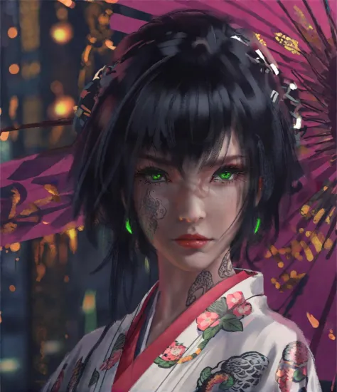 wgz style,portrait of a beautiful girl highly detailed,tatoo,cyberpunk,Black hair, kimono ,suit,Green eyes