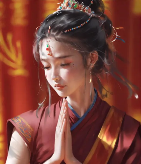 wgz style,portrait of a beautiful girl highly detailed,Tibet, eyes closed, face close-up, powder blusher, pray