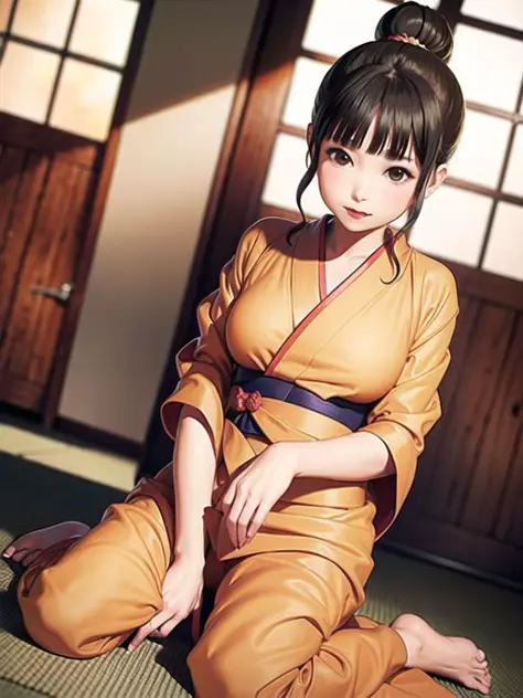 1girl, solo,(best quality),(masterpiece:1.1), full body, looking_at_viewer, dynamic angle, orange kimono, cute, clear facial ski...