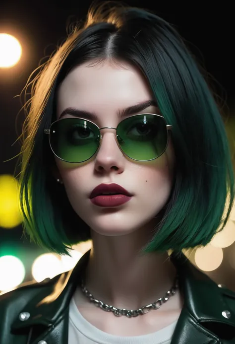 realistic, dark atmosphere, portrait, enticing American female in her late teens, pale skin, sexy appearance, nighttime, (huge breasts, simple makeup, glossy lips), (imperfect skin, (piercings):1.3), (blemishes, dark green ombre bob hairstyle:1.15),  Wearing punk clothes, sunglasses, ultra-detailed, elegant, hyper-realistic, cinematic, film grain,<lora:add-detail-xl:1.5>