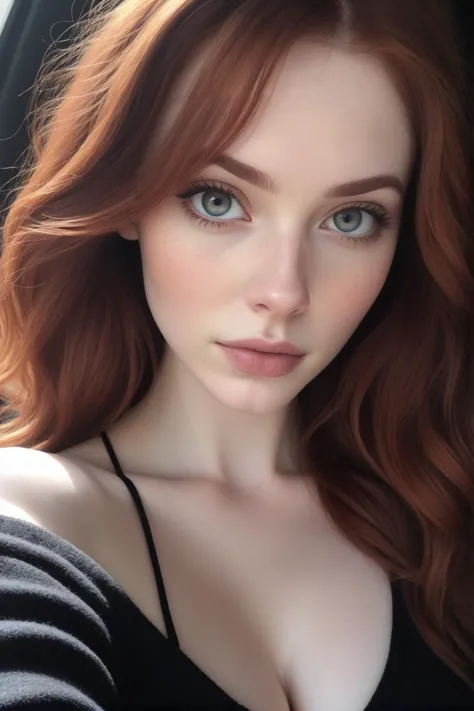 Cropped out face, A up close iphone selfie photo of a half american half french 25 year old white pale skin auburn hair, showing...