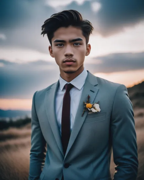 long shot scenic professional photograph of Photograph of pretty male immature  wearing formal clothes cinematic hue, RAW candid...