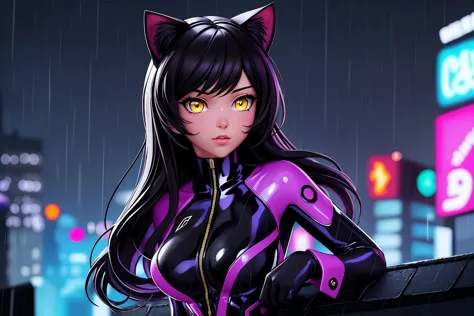 masterpiece:1.2, best quality,  <lora:Belladonna:0.8>, Belladonna, cat ears, long hair, purple body suit, black gloves, high heels medium breasts, black hair, yellow eyes,, full body, up close, standing, cyberpunk background, blur, neon lights, roof top, in the rain, overlooking city, upper body, front view, up close, looking at viewer,