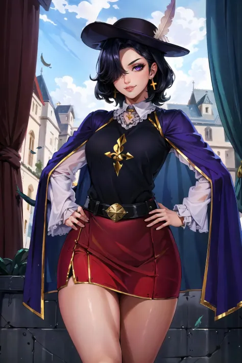 (masterpiece, best quality, high quality, highres:1.4), detailed, extremely detailed, ambient soft lighting, 4K, 1girl, (mature female, milf:1.2), (short hair, black hair, hair over one eye:1.3), (purple eyes, confident smirk:1.2), small breasts, thick thighs, (edgmousquetaire, costume, large hat, feather on hat, wearing edgmousquetaire, skirt, belt:1.3), hand on hips, confident pose, castle interior <lora:milfWeightEdit_v1:0.5> <lora:jujunaughtStyleLora_v10:0.3> <lora:envybetterhandsLocon_beta2:1> <lora:edgMousquetaire1:1>