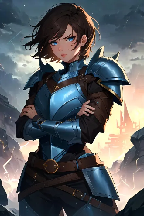 (masterpiece, best quality, high quality, highres:1.4), detailed, extremely detailed, sharp ambient lighting, high contrast, 4K, 1girl, (mature female, milf:1.2), (dark brown hair, short hair:1.3), (blue eyes, defiance:1.2), muscular, (warrior, armor, pauldron, greaves, belt:1.3), crossed arms , fantasy, outdoor, detailed background, rain, thunder, thunderstorm <lora:envybetterhandsLocon_beta2:1>