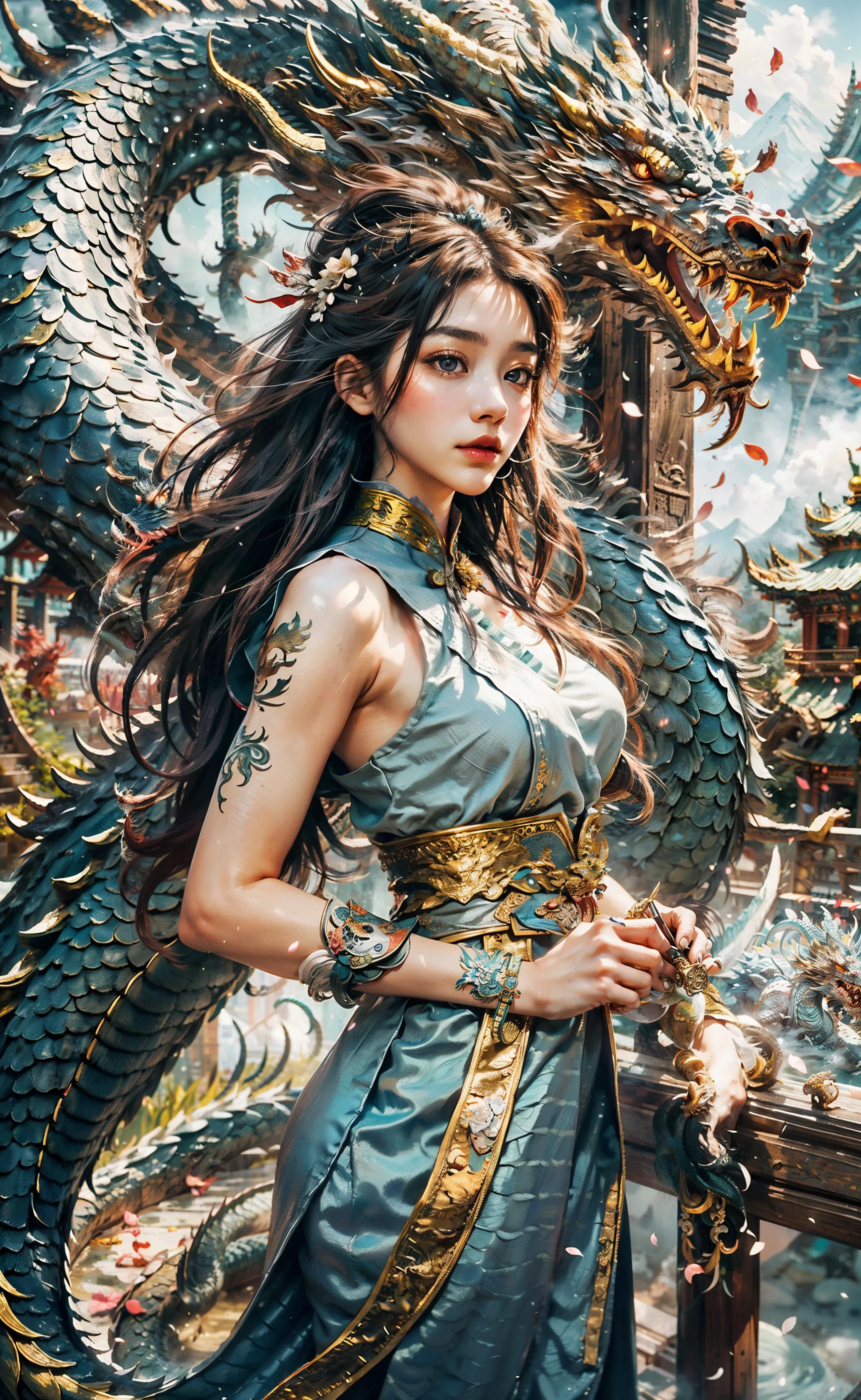 Дракон_настоящий, Пламенный длинный дракон, Китайский дракон, лапы, змеевидное тело, зоркие глаза, ((Лучшее качество)), ((шедевр)), ((реалистичный)), ((18-летняя девушка в китайской одежде., распущенные волосы украшены красивым украшением для волос, стоит среди летающих лепестков цветов, а вокруг нее обвивается величественный дракон)), Модель стрижки от Choppy Layers, Стоит в позе дверного проема, острый серо-синий,  Ракурс съемки с высоты птичьего полета,
Будьте загипнотизированы очаровательным видом 18-летней девушки, одетой в элегантный китайский наряд., ее струящиеся волосы изящно украшены очаровательным украшением для волос.. Когда лепестки цветов колышутся на ветру вокруг нее, a majestic dragon wraps its змеевидное тело around her, создание сцены мифического очарования. Погружен в самую глубокую реку джунглей деревни тропического леса., их окружает пышная зелень и яркая флора.. Руны украшают ландшафт, пропитывая атмосферу древнего мистицизма. Дуэт стоит на вершине покрытой туманом горы., где заснеженные вершины достигают неба. Мягкий свет освещает лицо девушки, отбрасывая нежные тени и запечатлевая ее неземную красоту. Боке и далекие неоновые огни добавляют волшебства издалека., создание сказочной атмосферы. Размытый фон еще больше повышает кинематографическое качество., обращая внимание на великолепную и сверхдетализированную композицию. Prepare to be captivated by the seamless blend of natural elements and fantasy in this artistic шедевр.