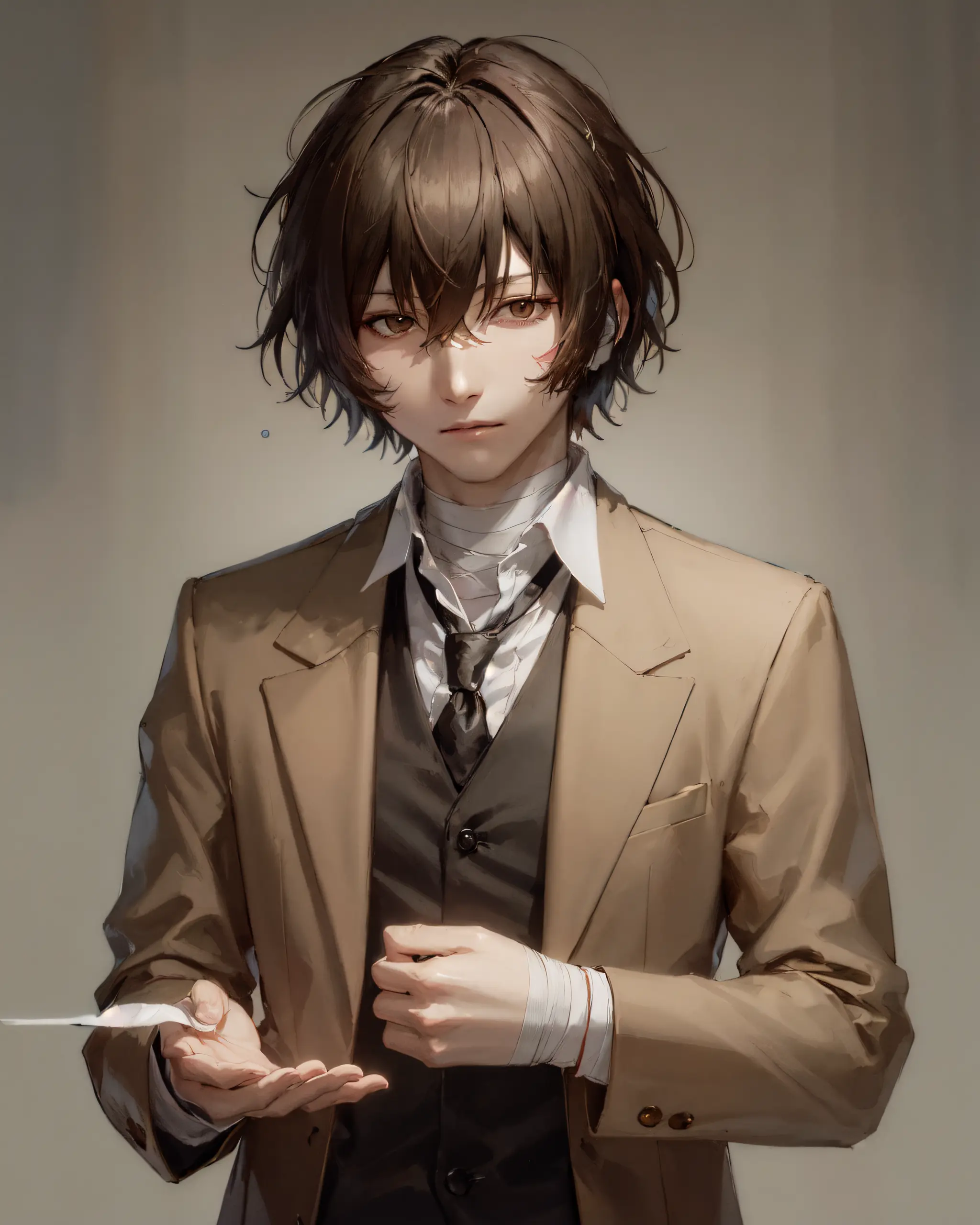 (masterpiece, best quality:1.2), upper body, solo, male focus, 1boy, dazai osamu, expressionless, brown jacket, bandages
