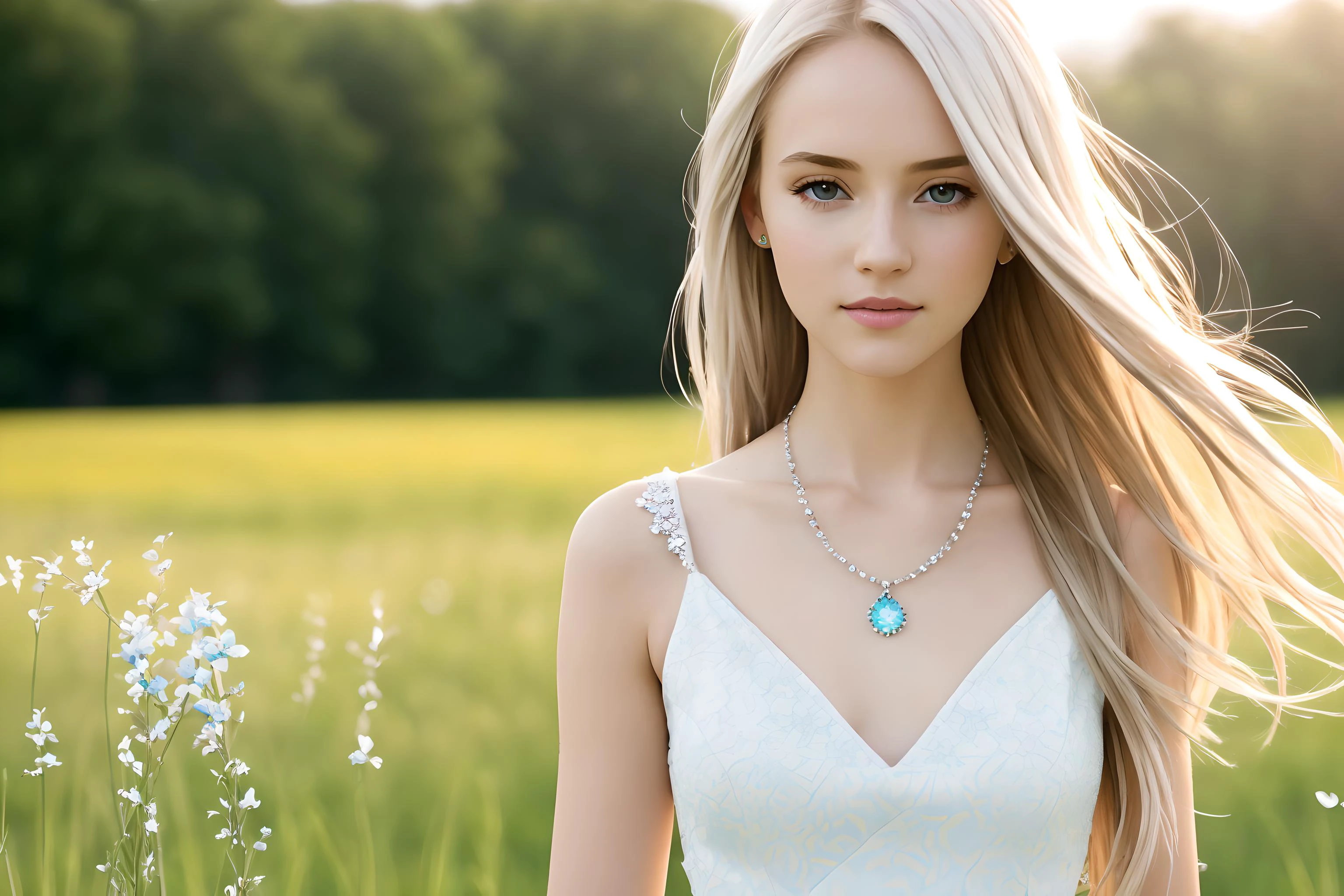 A close up of a woman in a white dress standing in a field - SeaArt AI