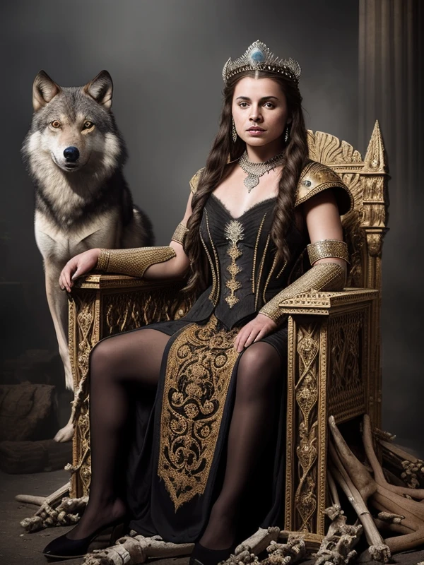 In this stunning image, a young woman sits regally on a throne made entirely of bones, wearing a crown crafted from the head of a wolf. The intricate details of her crown and the wolf fur queen dress emphasize her power and dominance over her kingdom. Her cold, confident expression adds to the dramatic effect of the image, making it clear that she is not to be trifled with. The wolf sitting beside her is a symbol of her strength and loyalty, and the HDR lighting creates an epic, otherworldly atmosphere. This image is a blend of beauty and horror, showcasing the young woman's stunning reign over her kingdom and the fierce nature of her rule.