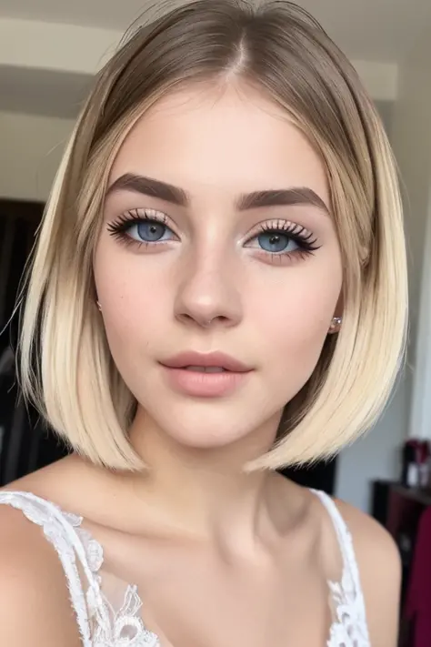 ((best quality)), ((ultra res)), ((photorealistic)), (intricate details), 19 years old, blonde hair, perfect face, make up:1.5, light on face, face detail, pixie_cut,
