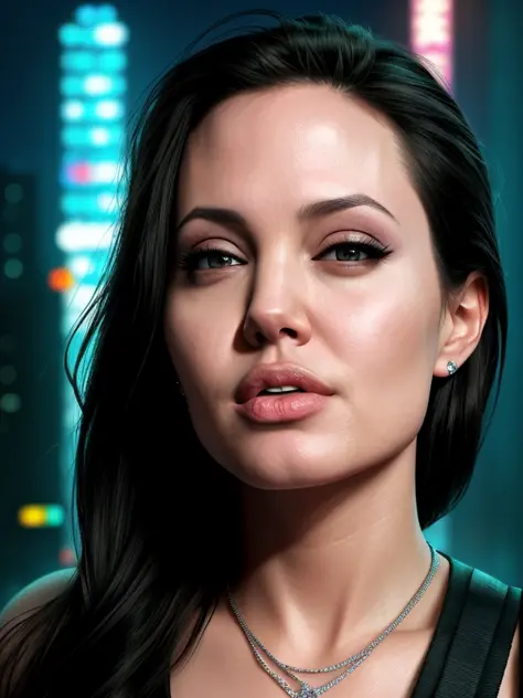 young Angelina Jolie,  laughs, (looking askance at the camera:1.4),  closeup, (night:1.4), night light, dark, hdr, detailed face, profile view, detailed skin, (low light:1.3), cinematic, dramatic, (cyberpunk megapolis:1.3), neon light, deep neckline
