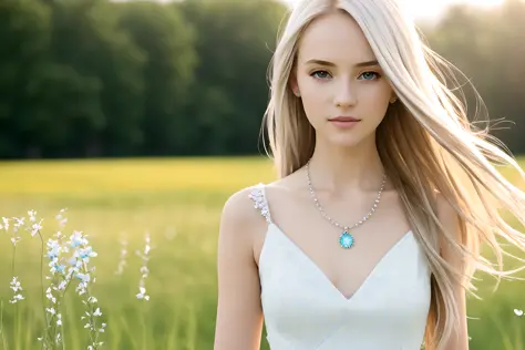 (hyperdetailed), hyperresolution 8k wallpaper, best quality, beautiful european (young 1girl), (detailed cute face+eyes), aqua iris, detailed wavy blonde medium hair, real hair movement, simple pure white dress, simple silver necklace, walking on blooming ...