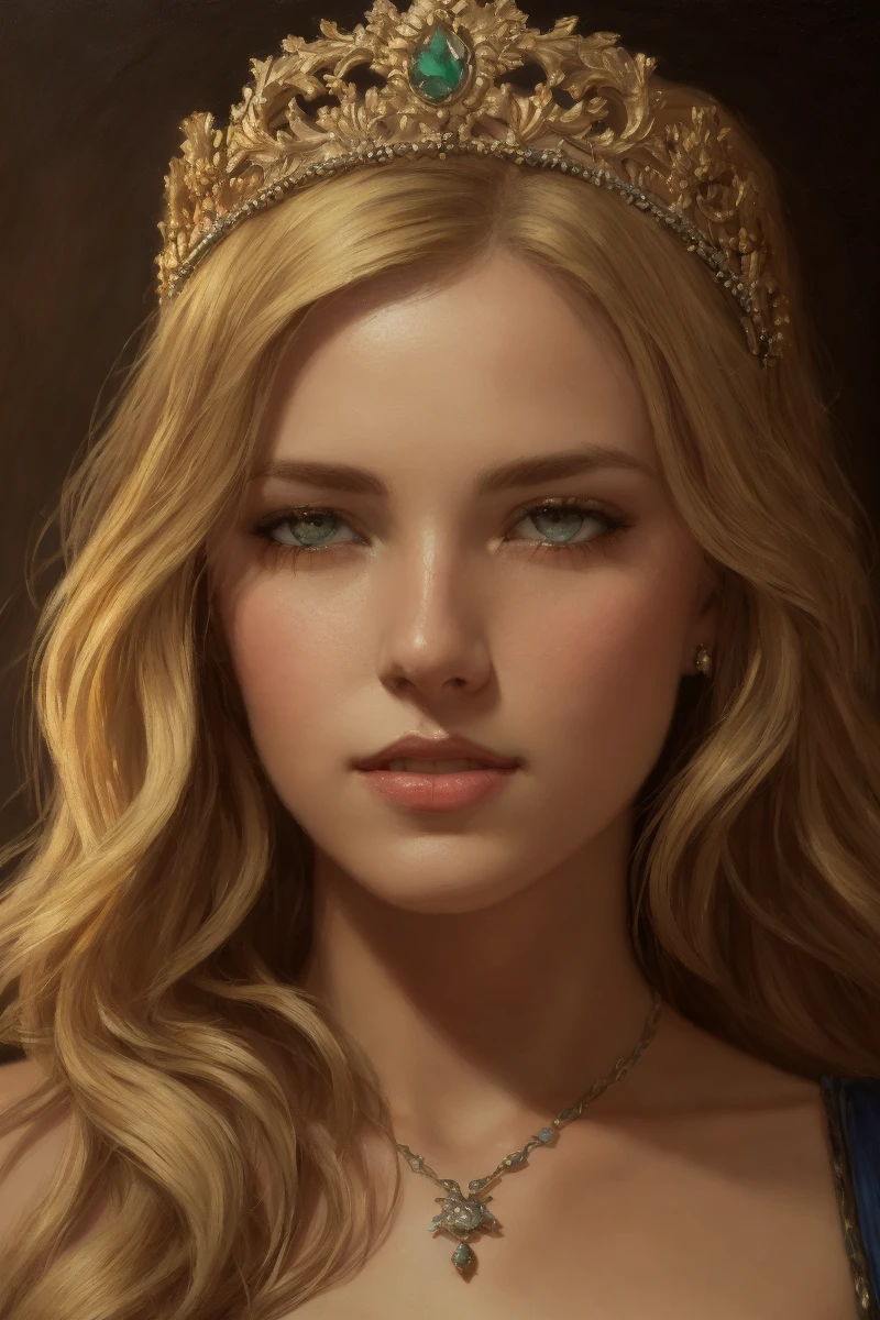 by Gaston Bussiere greg rutkowski Helene Knoop,1girl,beautiful face,detailed eyes,(blonde hair:1.1),pale skin,highly detailed skin,medium breasts,portrait,(upper body:1.0),princess,princess crown,(armor:1.0),cleavage,ornament,outdoors,landscape,fantasy,illustration,solo focus,sharp focus,best quality,extremely detailed,intricate details,raytracing,cinematic lighting,highres,4K,