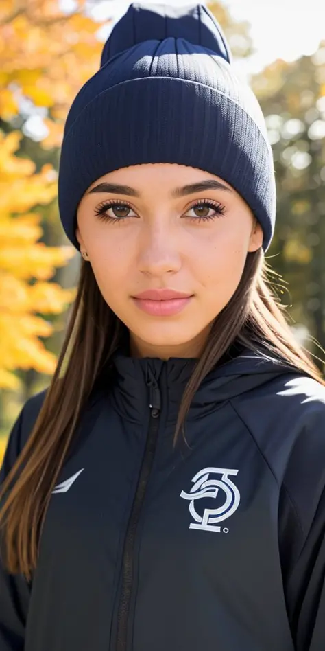 photo portrait of nasti, <lora:nasti_v1:1> wearing sportswear, outside on a sunny autumn day, looking at viewer, lense flare, (realistic eyes, symmetric face:0.8) (masterpiece:1.2) (photorealistic:1.2) (bokeh) (best quality) (detailed skin) (intricate) (8k...