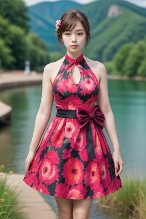 1woman, realistic, masterpiece, full body shot, scenic view
waist bow dress, elbow gloves, halter dress, floral print
<lora:Halt...